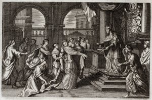 Bible de Royaumont, Ancien Testament : Esther se présente devant le roi Xerxès I (Assuérus I), avec l