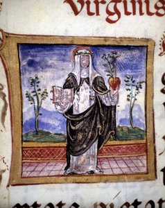 Sainte Catherine de Sienne (1347 - 1380) tenant un livre et un cœur, miniature du 15ème siècle