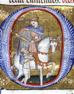 Saint Martin partageant son manteau avec un pauvre miniature du 14ème siècle. Biblioteca Nazionale Braidense, Milan.