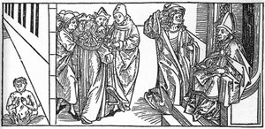 Saint Séverin. Gravure de « Leben der Heiligen - sommerteil » (Le livre des saints) par Jacobus (Jacques) de Voragine (1228-1298). Lübeck 1488