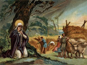 Sainte Geneviève (422-502), patronne de Paris préserve les récoltes de la tempête à Meaux. Chromolithographie vers 1890.