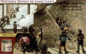 Saline et mine de sel : extraction du sel et saunier. Chromolithographie des produits Liebig, série « Les trésors de la terre »
