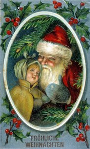 Père Noël et un enfant. Carte postale allemande du XIXe siècle.