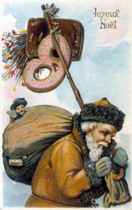Père Noël portant des cadeaux sur son dos - Unknown artist