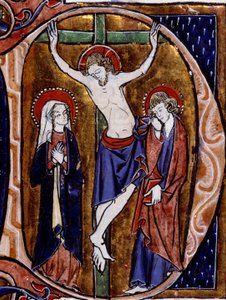 Scène de crucifixion dans une lettrine (lettre D). Miniature dans « Speculum historiale » de Vincent De Beauvais - Unknown artist