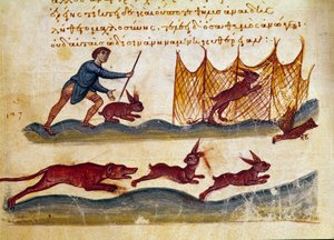 Scène de chasse au lièvre miniature tirée de « Les Cynégétiques » par Oppien de Syrie (IIIe siècle apr. J.-C.) dédié à Caracalla. XIe siècle Venise. Biblioteca Marciana