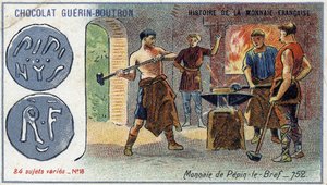 Série Histoire de la Monnaie Française publiée par Chocolat Guérin Boutron. Chromolithographie du 19e siècle. Monnaie de Pépin le Bref en 752 - Unknown artist