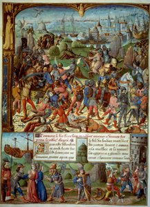 Septième Croisade (1248-1254). En haut, Louis IX (Saint Louis) (1215-1270), roi de France, avec les croisés après avoir été vaincus par les Sarrasins à Mansourah en 1250