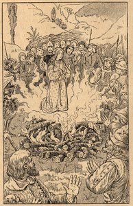 Elle reste au milieu des flammes... Sainte Rose de Viterbo (1233-1252). Gravure de la fin du XIXe siècle. Collection privée.