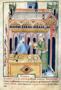 Boutique avec pain au beurre et deux femmes, illustration du Tacuinum sanitatis