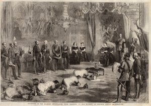 Les ambassadeurs siamois rampant devant la reine Victoria et le prince Albert lors de leur visite au château de Windsor. Gravure dans The Illustrated London News du 5 décembre 1857. - Unknown artist