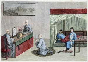 Homme malade au lit et prière des moines - Chine