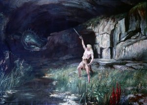 Siegfried, face au dragon Fafner, brandit son épée. Scène de l