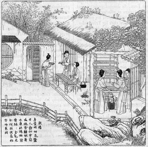 Soie et ver à soie en Chine : Séparation du ver qui veut filer. Gravure dans «La Nature : revue des sciences et de leurs applications aux arts et à l