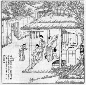 La soie et le ver à soie en Chine : grâce à la déesse de la soie. Gravure dans « La Nature : revue des sciences et de leurs applications aux arts et à l