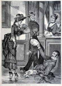 Scène de patinage dans une brasserie. Un garçon tombe et casse les assiettes qu