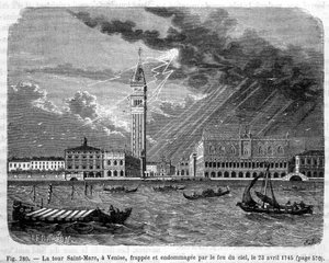Tour Saint-Marc à Venise frappée et endommagée par le feu du ciel le 23 avril 1745 - dans « Les merveilles de la science » par Louis Figuier