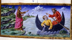 Saint Pierre : Pêche sur le lac de Tibériade. Miniature du 15ème siècle. Milan, Biblioteca Trivulziana.