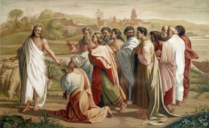 Mission de Saint Pierre : Jésus confie son troupeau à Pierre en présence des autres apôtres - selon une peinture du 16ème siècle