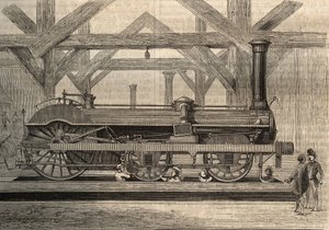 Modèle de locomotive à vapeur, système Crampton nommé Thomas Russell Crampton (1816-1888). Gravure de 1856
