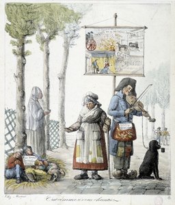 Musiciens de rue, enfants mendiants - lithographie