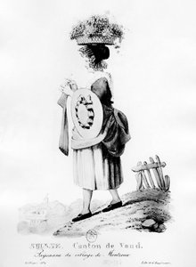 Paysanne suisse du village de Montreux dans le canton de Vaud - lithographie