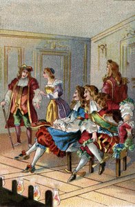 LE THÉÂTRE À TRAVERS LES ÂGES : Une représentation sous Louis XIV. Les spectateurs marqués assistent à la représentation sur scène, près des acteurs.