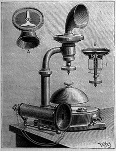 Téléphonie en Suède : modèle de téléphone de la société Ericsson. Gravure dans « La Nature : revue des sciences et de leurs applications aux arts et à l