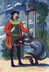 Le Chat botté offre un lapin au roi. Illustration pour « Le Chat botté », conte de Charles Perrault (1628-1703), écrivain français. Illustration anonyme. Imagerie Marcel Vagne, Jarville Nancy, fin du XIXe siècle. - Unknown artist