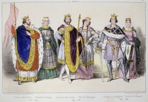 Les Capétiens. De gauche à droite : Louis VI dit le Gros (1081 - 1137), Adélaïde ou Alix de Savoie (? -1154), Louis VII dit le Jeune (1120 - 1180), Alix de Champagne (1140-1206), Philippe II dit Auguste (1165-1223) et Isabelle de Hainaut (1170-1190)