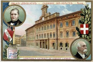 La Chambre des Députés à Rome (Italie), avec portraits du comte Camillo Benso de Cavour (1810-1861) et de Francesco Crispi (1819-1901) - Chromolithographie Liebig