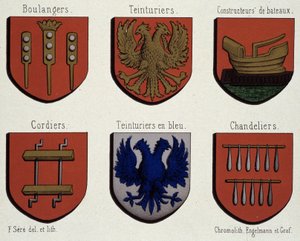 Les armoiries de Gand (Exemple des armoiries du Moyen Âge) : Boulangers, Teinturiers, Constructeurs de bateaux, Cordiers, Teinturiers en bleu, Chandeliers