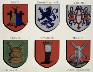 Les armoiries de Gand (Spécimen des armoiries du Moyen Âge) : Friebriers, Cusserands, Merciers, Épiciers, Cordonniers, Meuniers