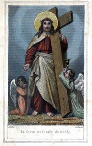 La Croix est le salut du monde. Imagerie populaire du Christ portant la croix. Deux anges à ses côtés. Vers 1850.