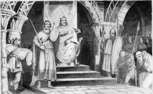 Couronnement de Chilpéric II (670-721) - Chilpéric II (670-721) est placé sur le trône par Rainfroi (Ragenfred) (maire du palais de Neustrie) en 715 - Gravure de 1825 dans « Histoire de France représentée par des tableaux synoptiques dédiée aux enfants de 