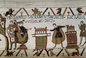 Le duc de Normandie Guillaume le Conquérant (1027-1087) fait chevalier Harold qui prête serment de fidélité sur deux reliquaires (détail)