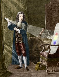 Le physicien anglais Isaac Newton (1642-1727) décomposant la lumière avec un prisme de verre. Gravure de 1880