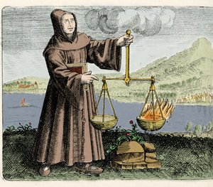 Le moine franciscain, philosophe et alchimiste Roger Bacon (Bacon) (Doctor Mirabilis) (1214-1294) faisant une expérience. Gravure tirée de « Symbola aureae mensae duodecim nationum » par Michael Mayer 1617