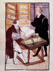 Le banquier allemand Jacob Fugger (1459-1525) dans son bureau (Goldene Schreibstube) avec son comptable allemand Matthaus Schwarz (1497-vers 1574) Aquarelle du 16e siècle. BN, Paris