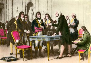 Le physicien italien Alessandro Volta (1745-1827) présente sa pile à Napoléon Bonaparte. 1801 Collection privée - Unknown artist
