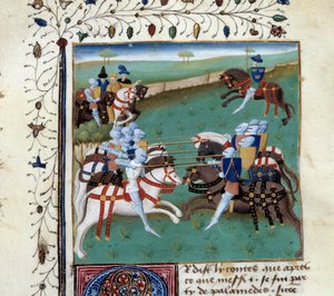 Les chevaliers de la Table Ronde participant à un tournoi chevaleresque. Miniature du manuscrit « Le roman de Tristan » par Maître Charles du Maine - Unknown artist