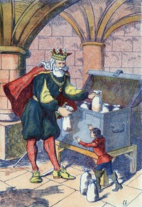 Le Petit Poucet récompensé par le roi. Illustration pour « Le Petit Poucet », conte de Charles Perrault (1628-1703), écrivain français. Illustration anonyme. Imagerie Marcel Vagne, Jarville Nancy, sans date (fin XIXe siècle)