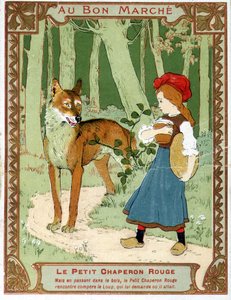 Le Petit Chaperon Rouge rencontre le loup - étiquette publicitaire du Bon Marché