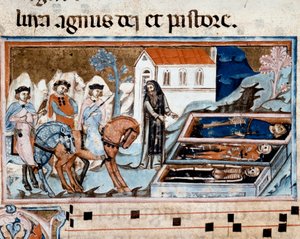 La rencontre des trois vifs et des trois morts (ou Dict) Les trois vivants et un ermite devant les trois cercueils présentant des cadavres à différents stades de décomposition. Miniature du 