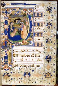 La Nativité représentée sur un chœur du 14ème siècle. Milan, Biblioteca nazionale Braidense.