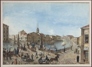 Le pont rouge sur la rivière Moïka à Saint-Pétersbourg