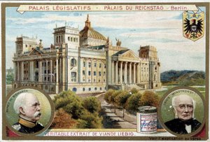 Le Palais du Reichstag à Berlin, et portraits de Bismarck et Windthorst - Étiquette publicitaire Liebig, v.1900