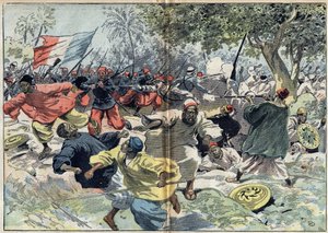 Les troupes soudanaises de Samory Touré (vers 1835-1900) étaient placées derrière les rives de la rivière Cavalby par une colonie française sous le lieutenant Walfel. Soudan, 9 septembre 1898. Illustration dans « Le Pèlerin » du 9 octobre