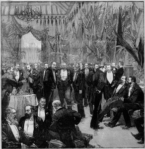 Le banquet de Suez réunit les financiers les plus importants du monde (Réunion des membres de la Commission Internationale). Gravure dans "Le Monde Illustré"