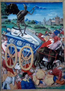 Le Triomphe de la Mort. Représentation allégorique de la Mort avec une faux sur un attelage, des cadavres gisent sur le sol. Miniature de "Triomphes, sonnets et chansons" de Pétrarque (Francesco Petrarca)